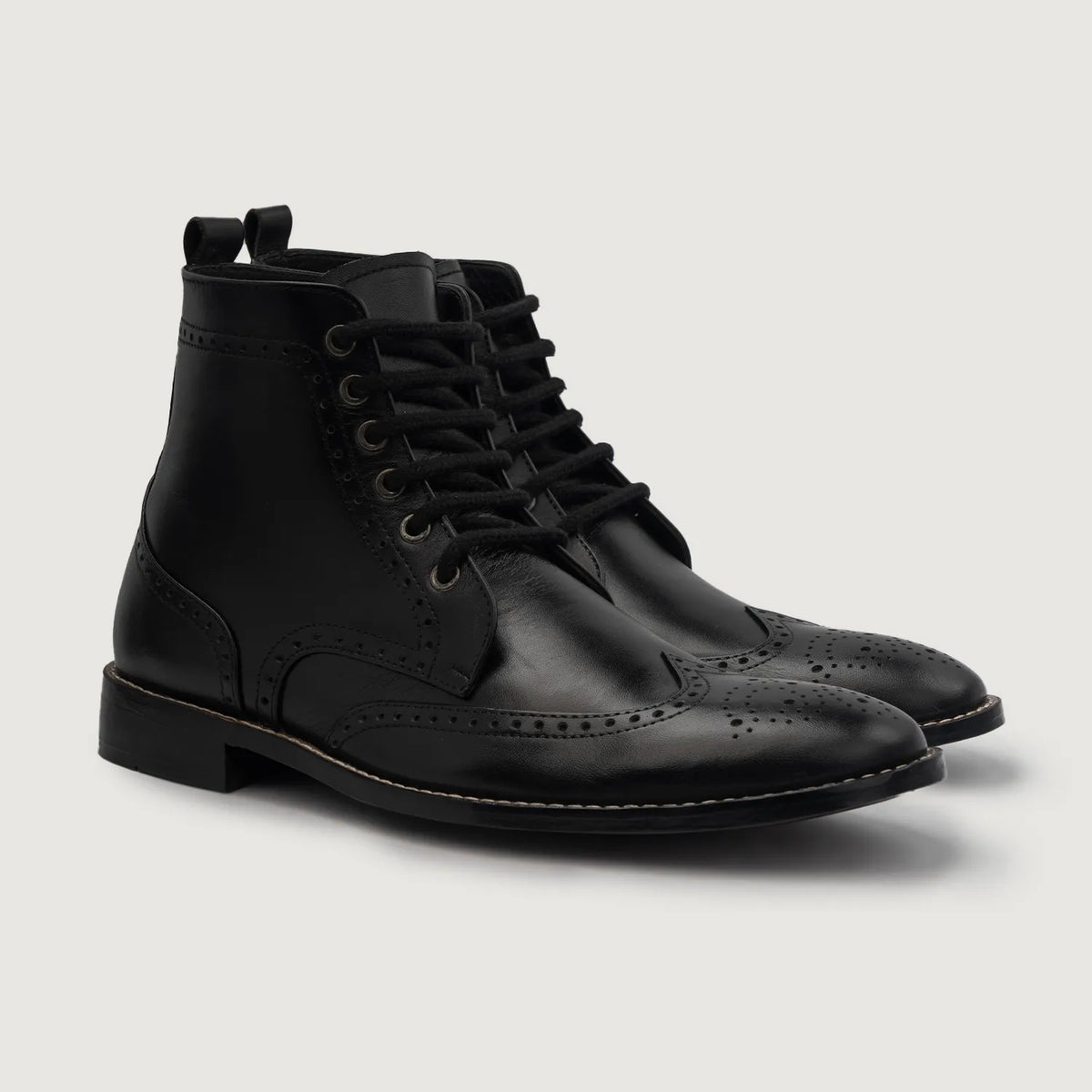 Duster Brogues Derby Black Leather Boots For Men in Black Full-Grain Leather - Front Profile View & Tailored Silhouette | Buy Online