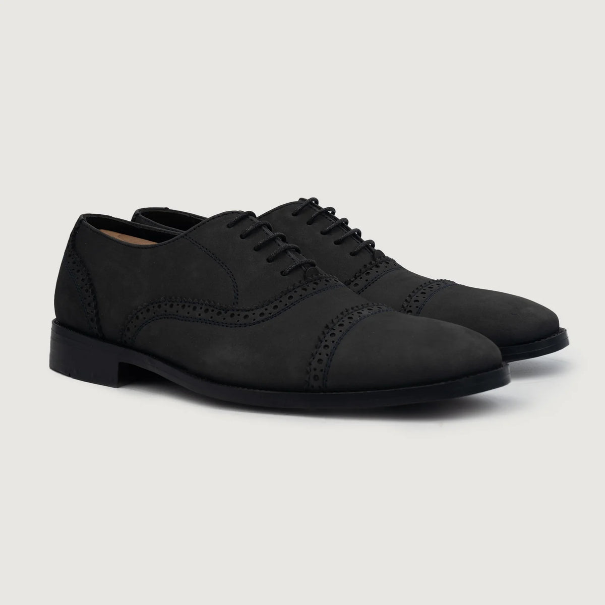 Greyson Brogues Oxford Black Nubuck Leather Shoes For Men in Black Full-Grain Leather - Lateral Side Profile View | Buy Online