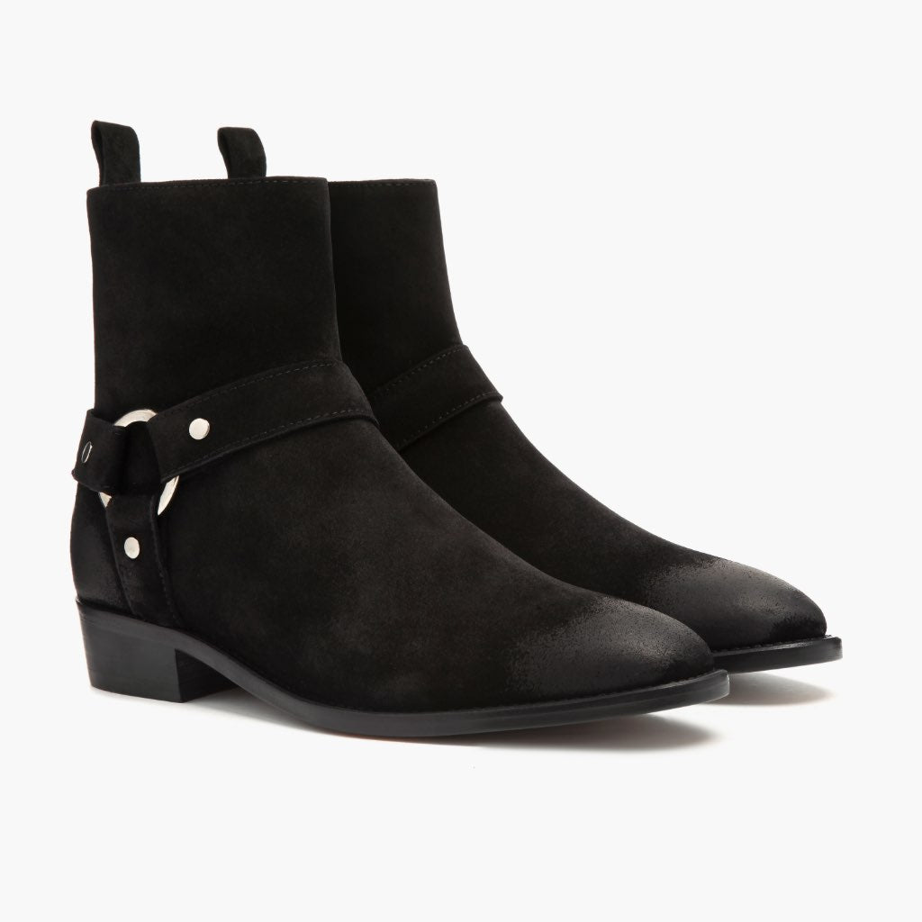 Harness Black Suede Leather Boots in Black Goatskin Suede - Lateral Side Profile View | Buy Online
