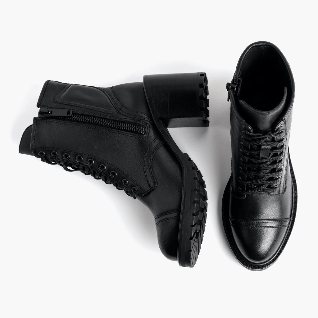 High-Traction Rubber Outsole & Lug Tread Pattern on Women's Rebel Black Leather Boots