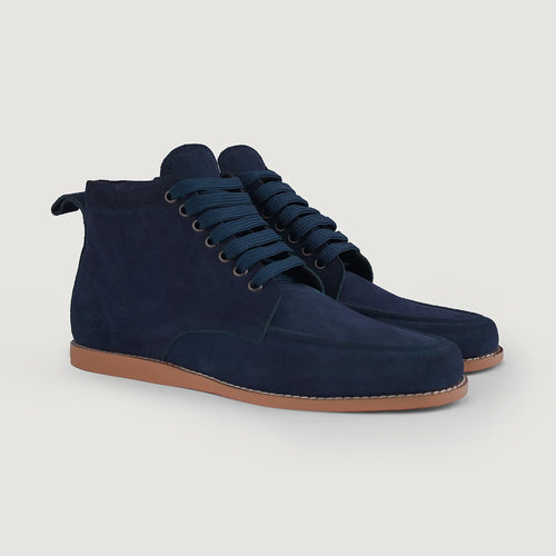 Bearman Moc Toe Blue Suede Boots in Blue Goatskin Suede - Lateral Side Profile View | Buy Online