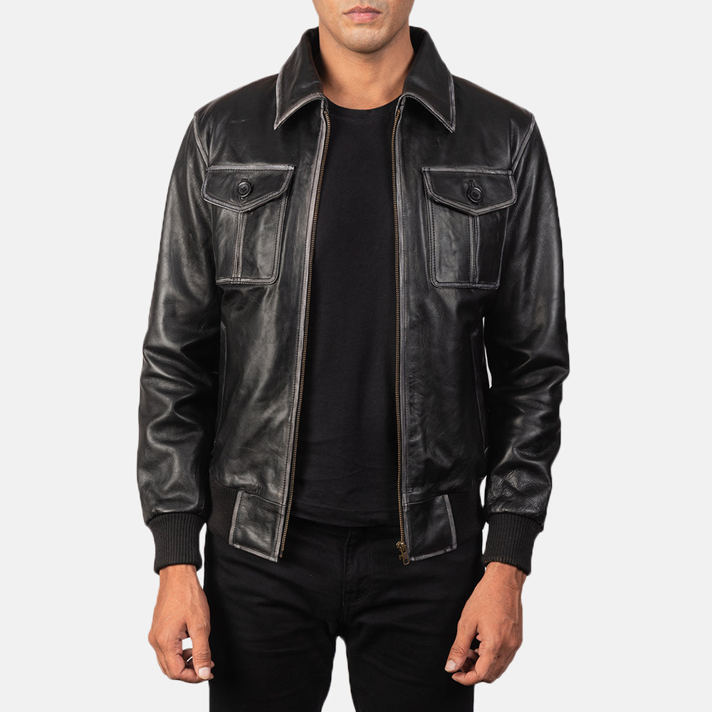
Men's Aaron Distressed Black Leather Bomber Jacket in Black Cowhide Leather - Front Profile View & Tailored Silhouette | Buy Online
