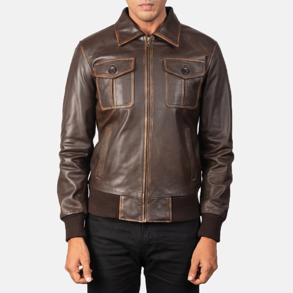 
Men's Aaron Distressed Brown Leather Bomber Jacket - Lateral Side Profile View Showing Sleeve Cut & Athletic Taper Fit