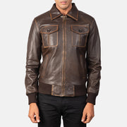 
Men's Aaron Distressed Brown Leather Bomber Jacket - Lateral Side Profile View Showing Sleeve Cut & Athletic Taper Fit