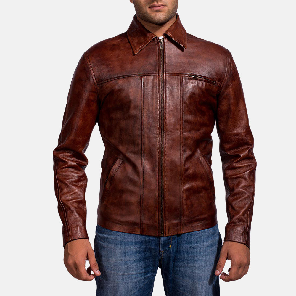 
Men's Abstract Maroon Leather Jacket in Distressed Brown Sheep Skin Burnishing - Front Profile View & Tailored Silhouette | Buy Online