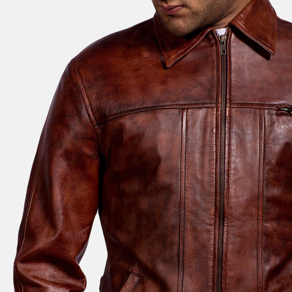 
Men's Abstract Maroon Leather Jacket - Lateral Side Profile View Showing Sleeve Cut & Athletic Taper Fit