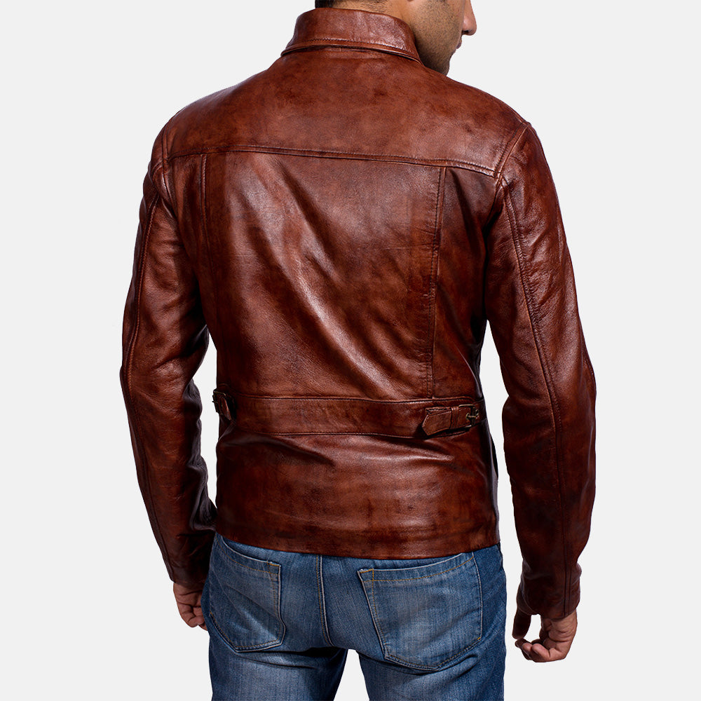 
Close-Up Detail of Shirt & Zipper Hardware on Men's Abstract Maroon Leather Jacket