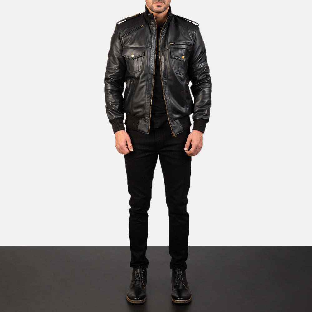 
Men's Agent Shadow Black Leather Bomber Jacket - Lateral Side Profile View Showing Sleeve Cut & Athletic Taper Fit