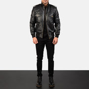 
Men's Agent Shadow Black Leather Bomber Jacket - Lateral Side Profile View Showing Sleeve Cut & Athletic Taper Fit