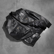 
Rib knit & Hem Craftsmanship Construction Detail on Men's Agent Shadow Black Leather Bomber Jacket