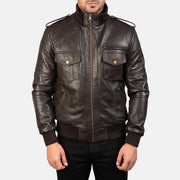 
Close-Up Detail of High neck & Zipper Hardware on Men's Agent Shadow Brown Leather Bomber Jacket