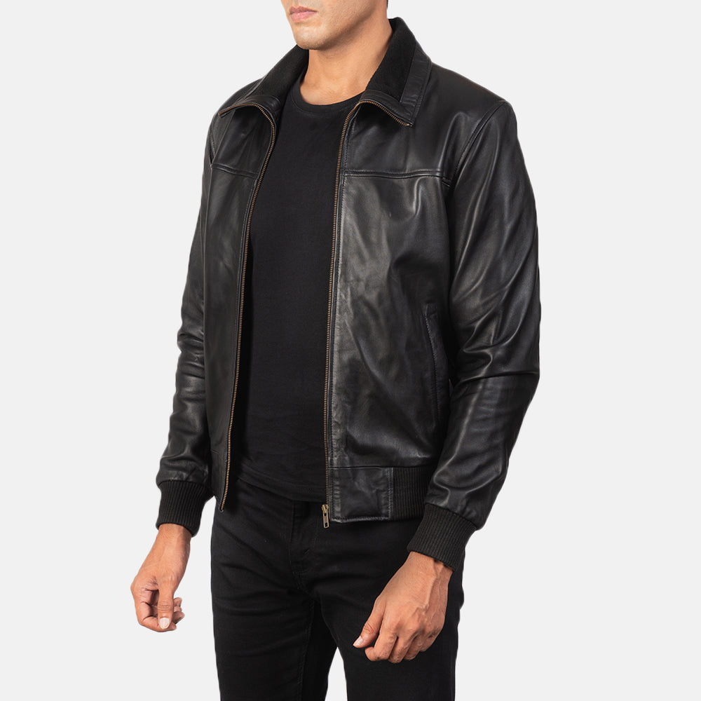 
Black Sheepskin Leather Bomber Jacket - Back View Showing Tailored Shoulder Fit & Clean Hemline