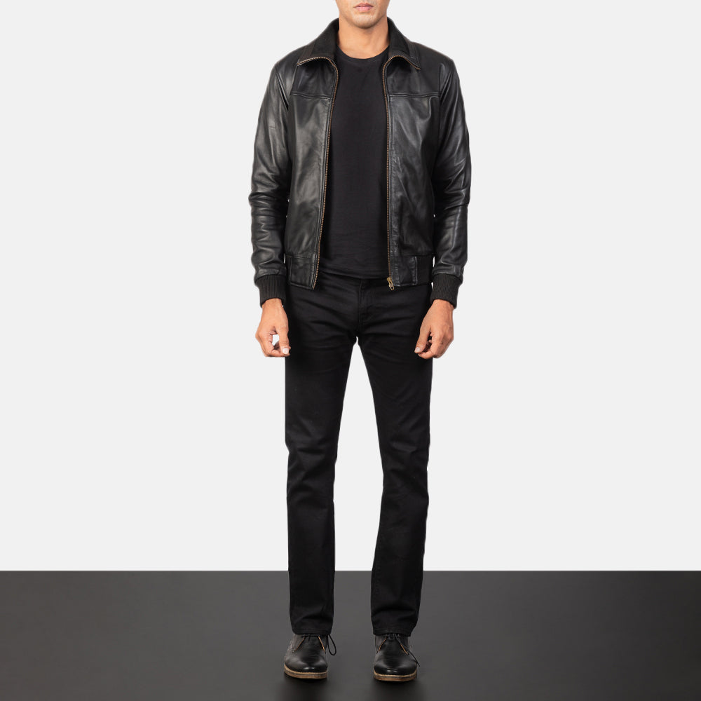 
Men's Air Rolf Black Leather Bomber Jacket - Lateral Side Profile View Showing Sleeve Cut & Athletic Taper Fit