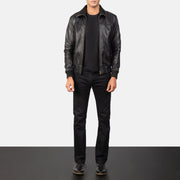 
Men's Air Rolf Black Leather Bomber Jacket - Lateral Side Profile View Showing Sleeve Cut & Athletic Taper Fit