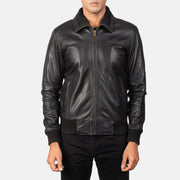 
Close-Up Detail of Rib Knit & Zipper Hardware on Men's Air Rolf Black Leather Bomber Jacket