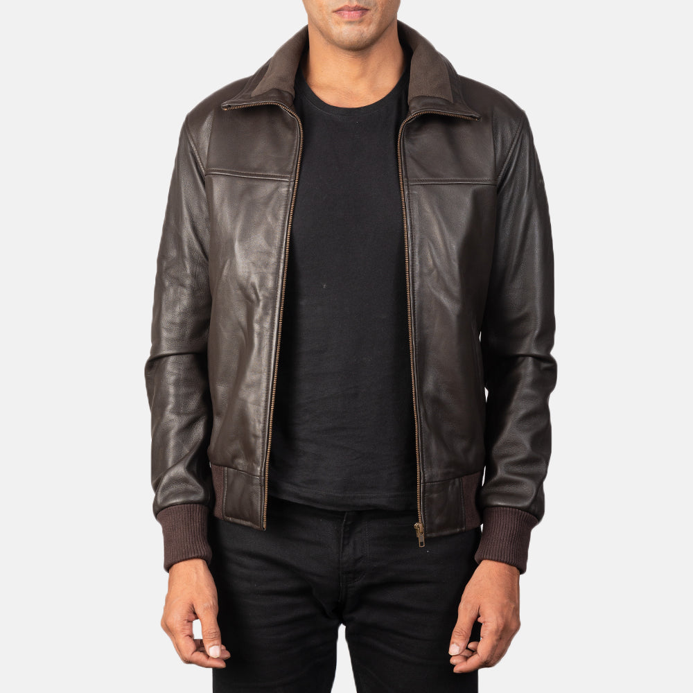 
Men's Air Rolf Mocha Brown Leather Bomber Jacket in Dark Brown Sheepskin Leather - Front Profile View & Tailored Silhouette | Buy Online