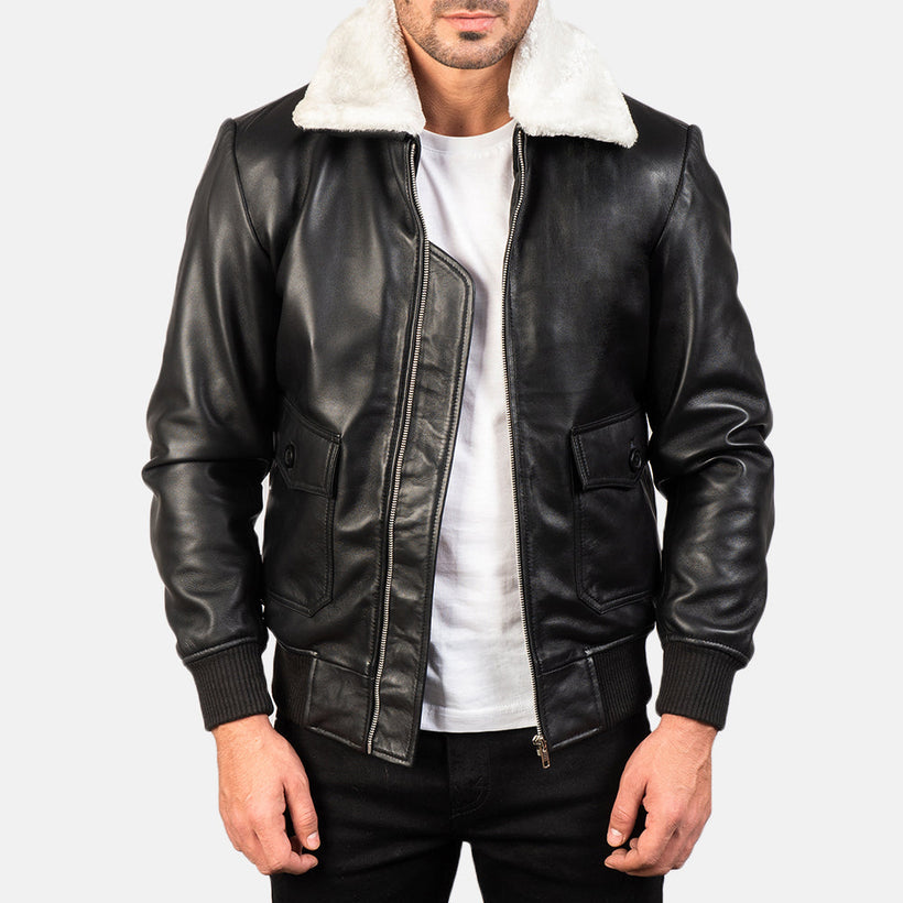 Airin G-1 Black & White Leather Black White Bomber Jacket
