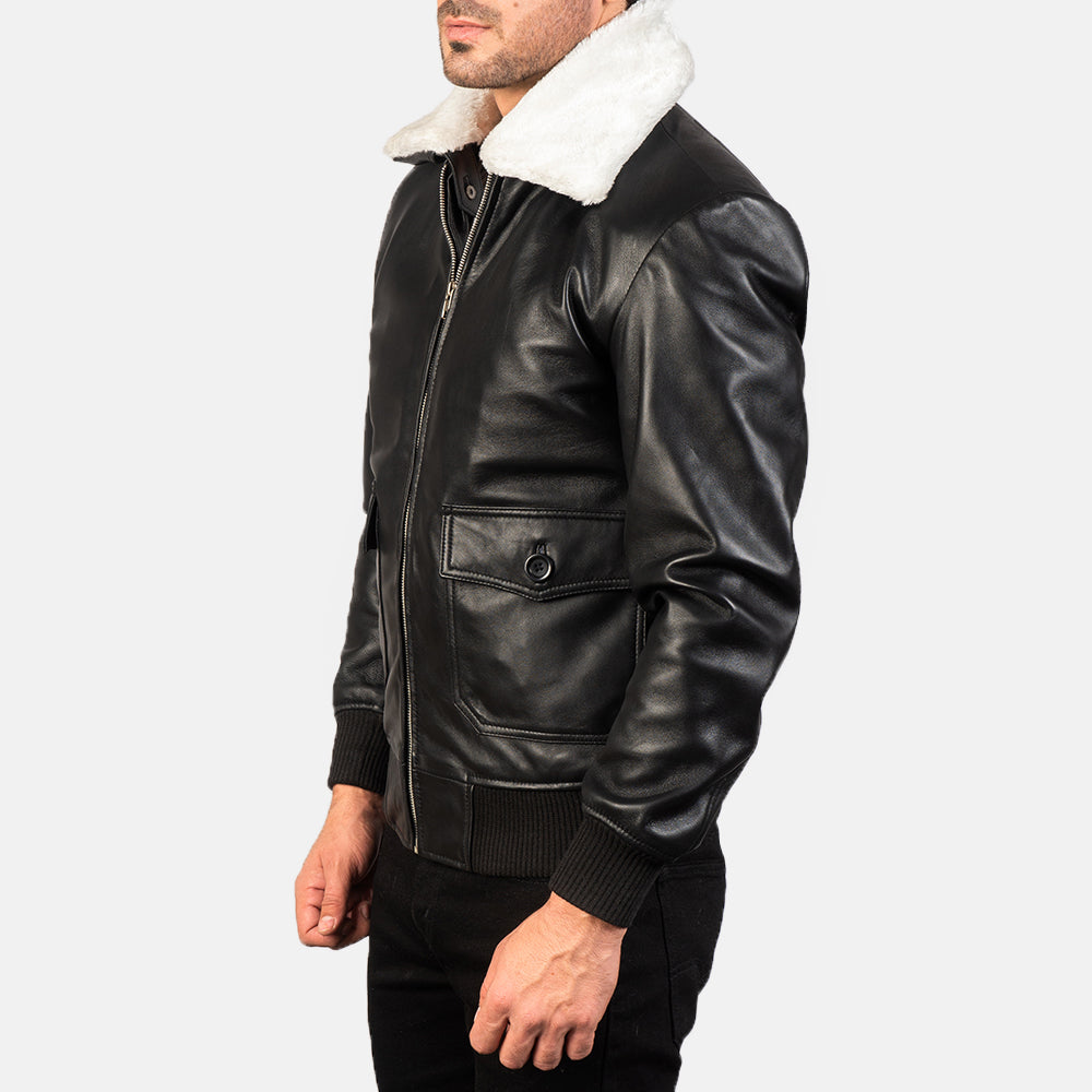 
Black Sheepskin Leather Bomber Jacket - Back View Showing Tailored Shoulder Fit & Clean Hemline