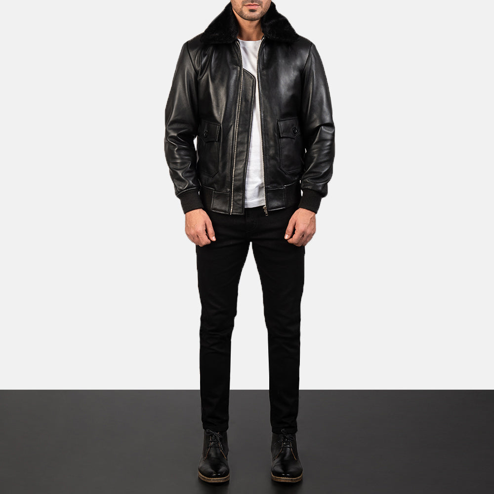
Men's Airin G-1 Black Leather Bomber Jacket - Lateral Side Profile View Showing Sleeve Cut & Athletic Taper Fit