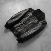 
Rib Knit & Hem Craftsmanship Construction Detail on Men's Airin G-1 Black Leather Bomber Jacket