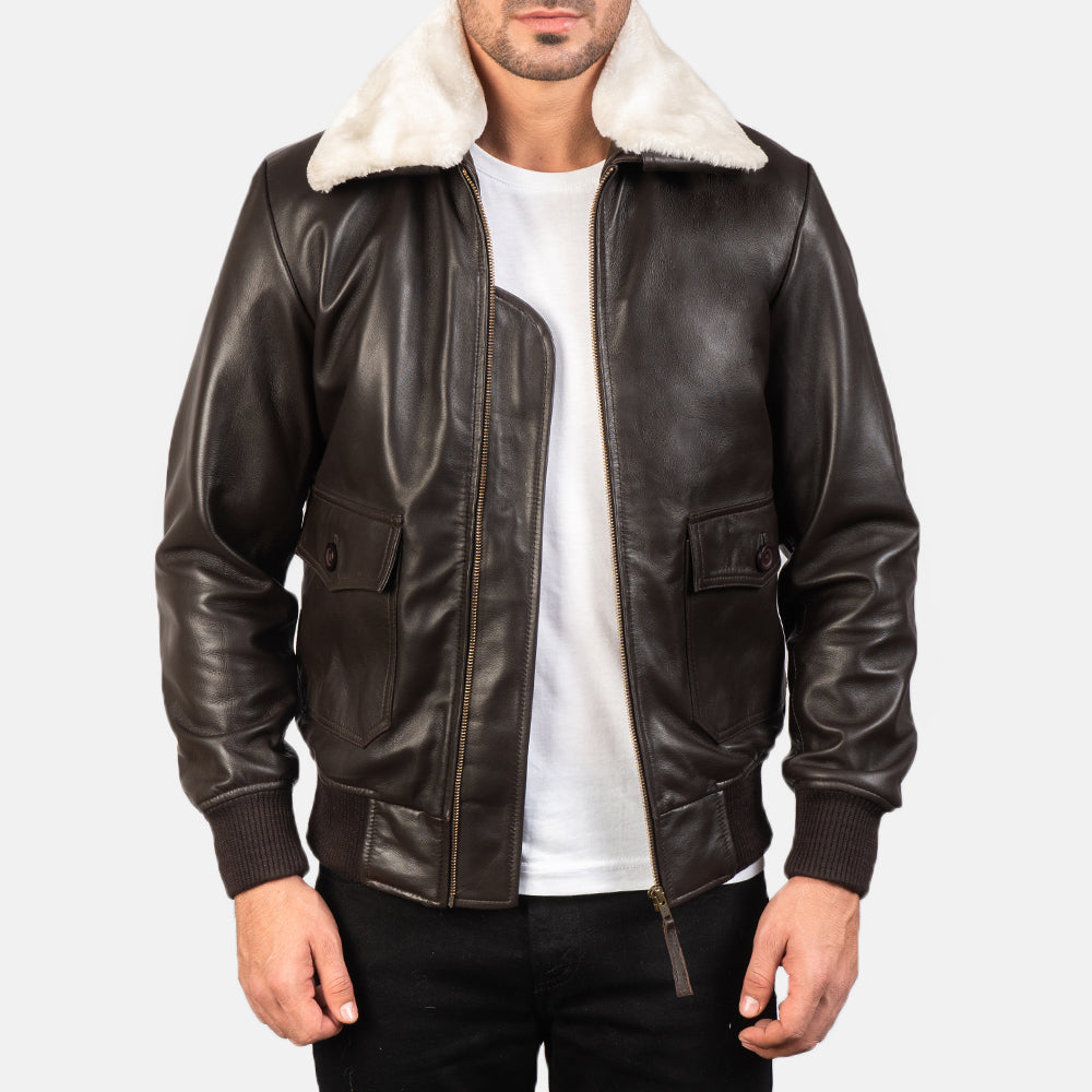 
Men's Airin G-1 Brown Leather Bomber Jacket in Brown Sheepskin Leather - Front Profile View & Tailored Silhouette | Buy Online