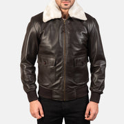 
Close-Up Detail of Shirt with Removable Fur & Zipper Hardware on Men's Airin G-1 Brown Leather Bomber Jacket