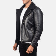 
Black Sheepskin Leather Biker Jacket - Back View Showing Tailored Shoulder Fit & Clean Hemline