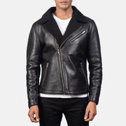 
Men's Alberto Shearling Black Leather Jacket - Lateral Side Profile View Showing Sleeve Cut & Athletic Taper Fit