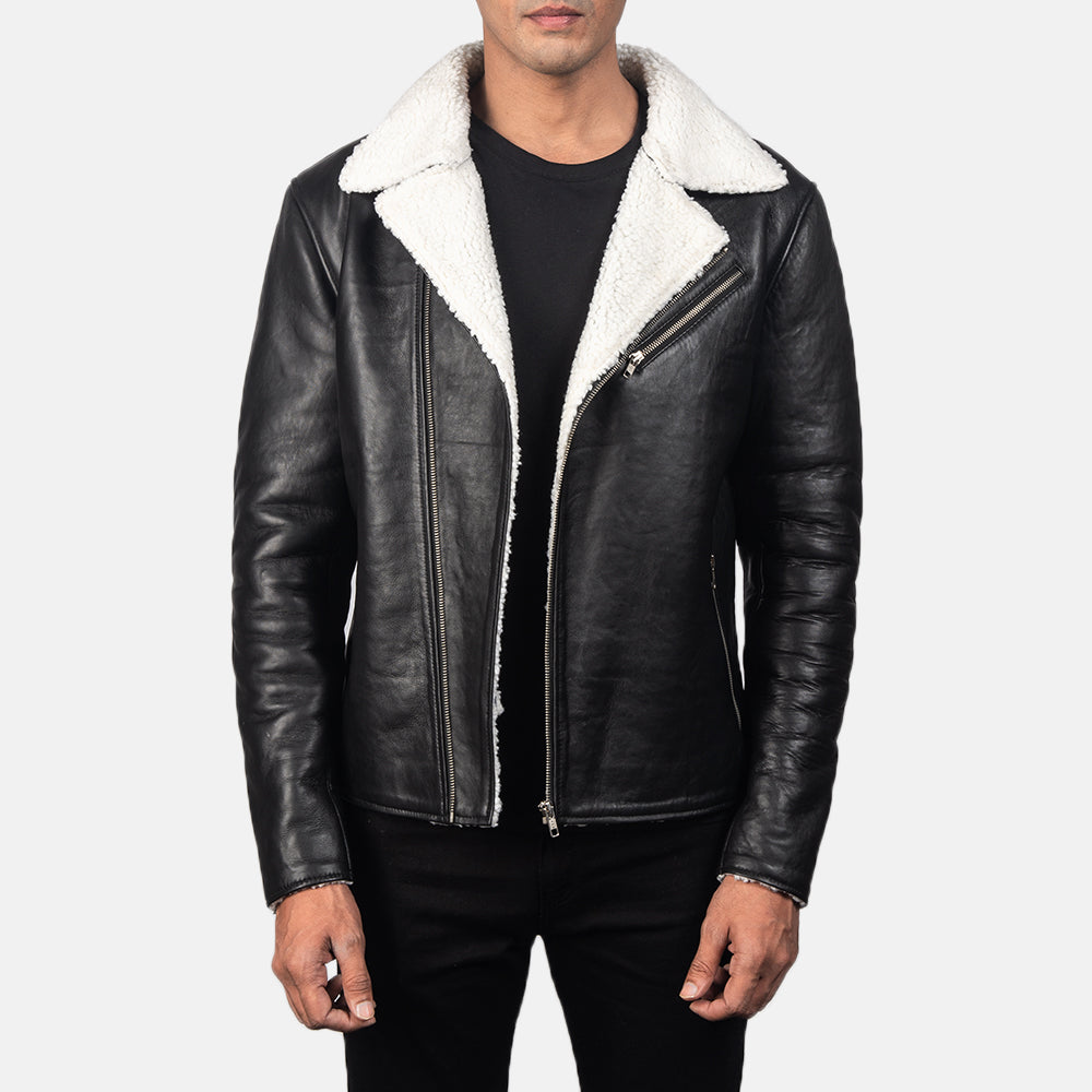
Men's Alberto White Shearling Black Leather Jacket in Black Sheepskin Leather - Front Profile View & Tailored Silhouette | Buy Online