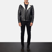 
Close-Up Detail of Notch & Zipper Hardware on Men's Alberto White Shearling Black Leather Jacket