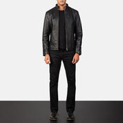
Close-Up Detail of Band & Zipper Hardware on Men's Alex Black Leather Biker Jacket