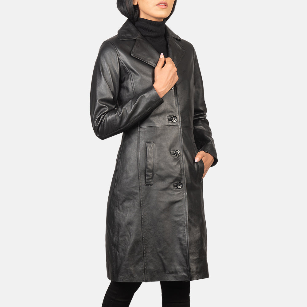 
Black Cowhide leather Coat - Back View Showing Tailored Shoulder Fit & Clean Hemline