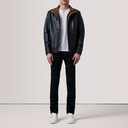 
Brown Sheepskin Leather Bomber Jacket - Back View Showing Tailored Shoulder Fit & Clean Hemline
