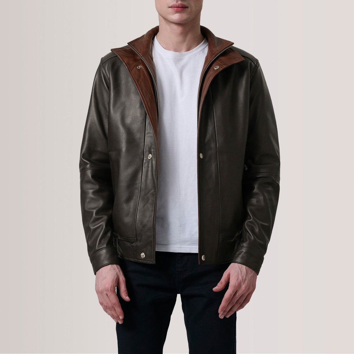 
Tailored Rib Cuffs & Hem Craftsmanship Construction Detail on Alfred Brown Leather Bomber Jacket For Men