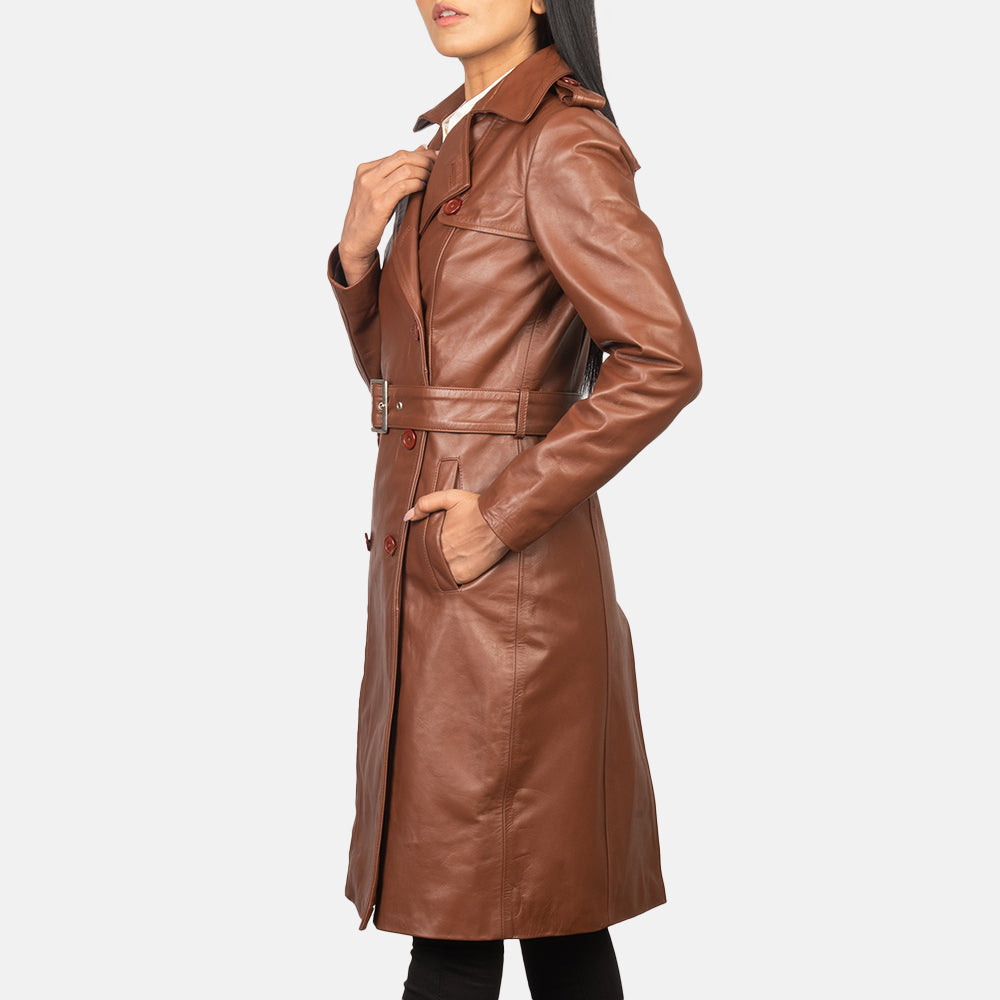 
Close-Up Detail of Notch & Buttons Hardware on Women's Alice Brown Double Breasted Leather Coat