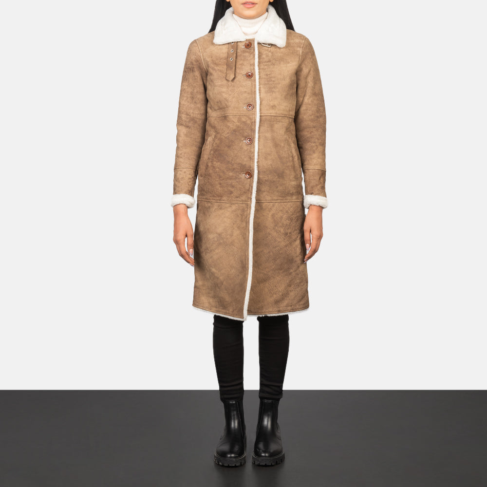 
Women's Alina Shearling Brown Leather Coat - Lateral Side Profile View Showing Sleeve Cut & Athletic Taper Fit