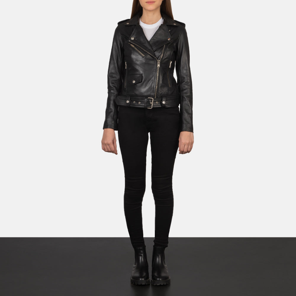 
Women's Alison Black Leather Biker Jacket - Lateral Side Profile View Showing Sleeve Cut & Athletic Taper Fit