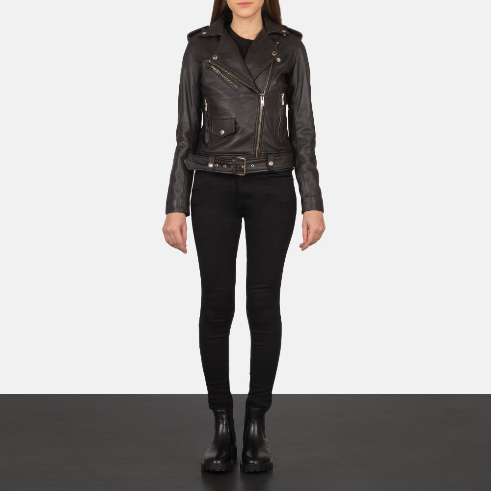 
Women's Alison Brown Leather Biker Jacket - Lateral Side Profile View Showing Sleeve Cut & Athletic Taper Fit