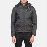 
Close-Up Detail of High neck with Belt & Zipper Hardware on Men's Alps Quilted Black Windbreaker Jacket