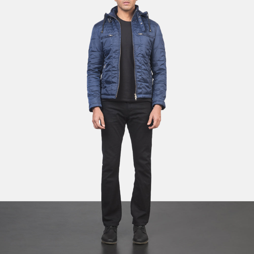 
Close-Up Detail of High neck with Belt & Zipper Hardware on Men's Alps Quilted Blue Windbreaker Jacket