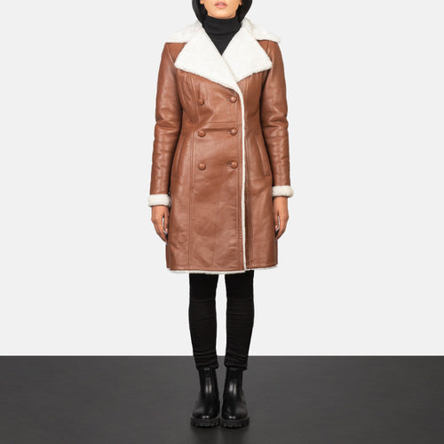 Women's Amie Brown Double Breasted Shearling Coat in Brown Sheepskin Burnishing - Front Profile View & Tailored Silhouette | Buy Online