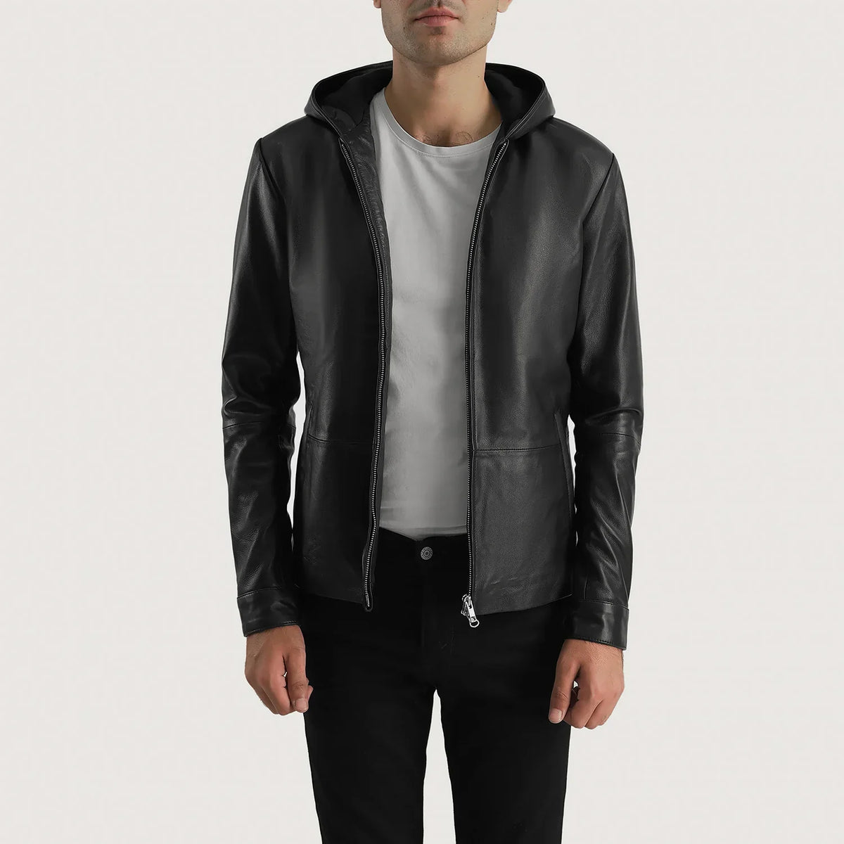 
Men's Andy Matte Black Hooded Leather Jacket - Lateral Side Profile View Showing Sleeve Cut & Athletic Taper Fit