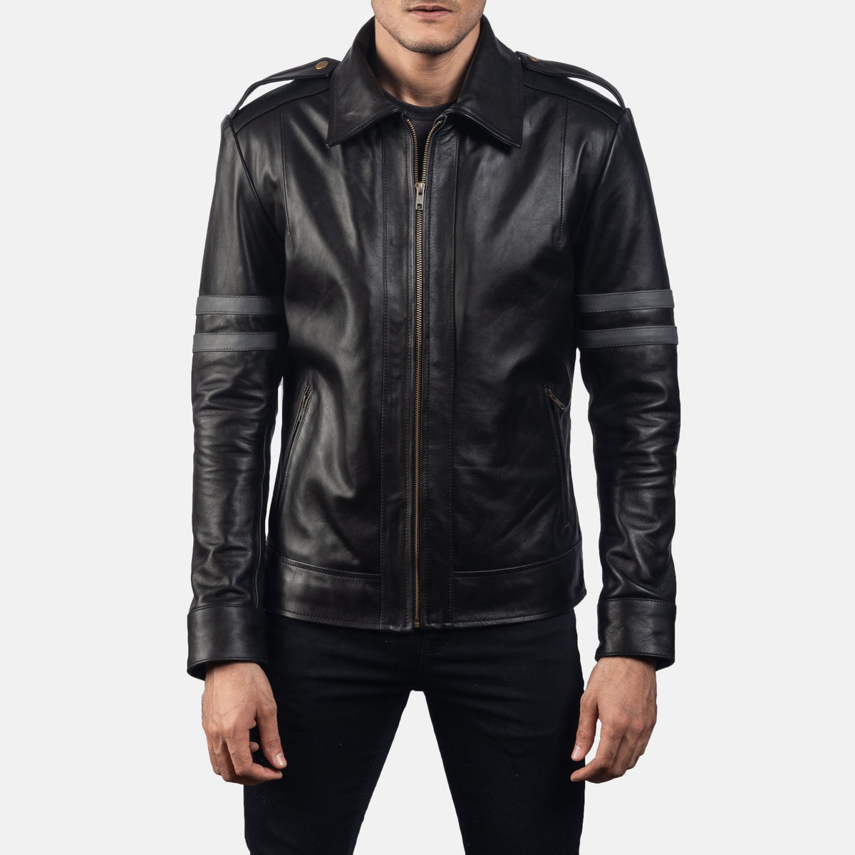 
Armstrong Black Leather Biker Jacket in Black Cowhide Leather - Front Profile View & Tailored Silhouette | Buy Online
