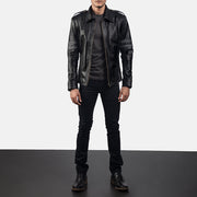 
Armstrong Black Leather Biker Jacket - Lateral Side Profile View Showing Sleeve Cut & Athletic Taper Fit