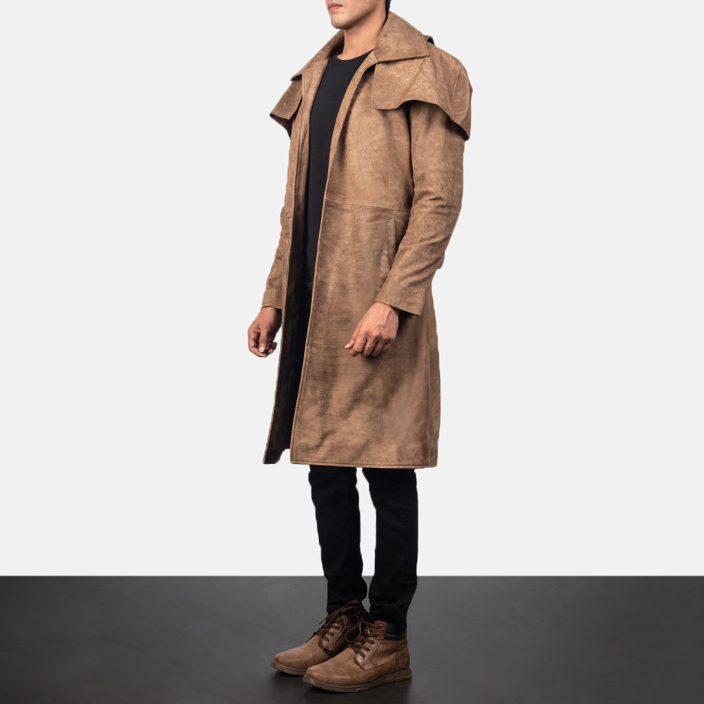 
Distressed Brown Sheepskin Snuffed Trench Coat - Back View Showing Tailored Shoulder Fit & Clean Hemline