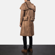 
Men's Army Brown Leather Duster - Lateral Side Profile View Showing Sleeve Cut & Athletic Taper Fit