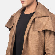 
Close-Up Detail of Classic Collar & Heavy-Duty Zipper Hardware on Men's Army Brown Leather Duster