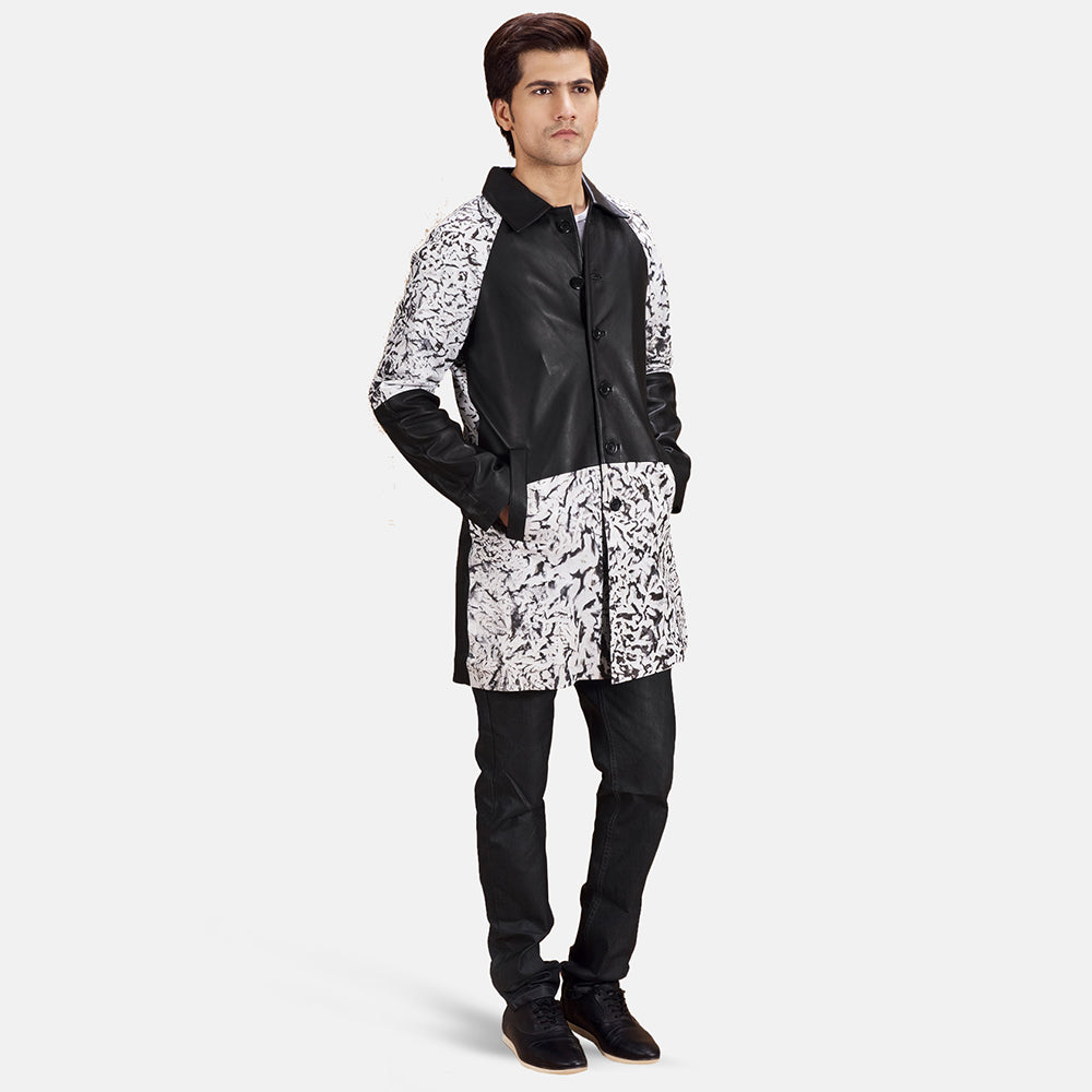 
Men's Artistry Black Dye Leather Coat - Lateral Side Profile View Showing Sleeve Cut & Athletic Taper Fit