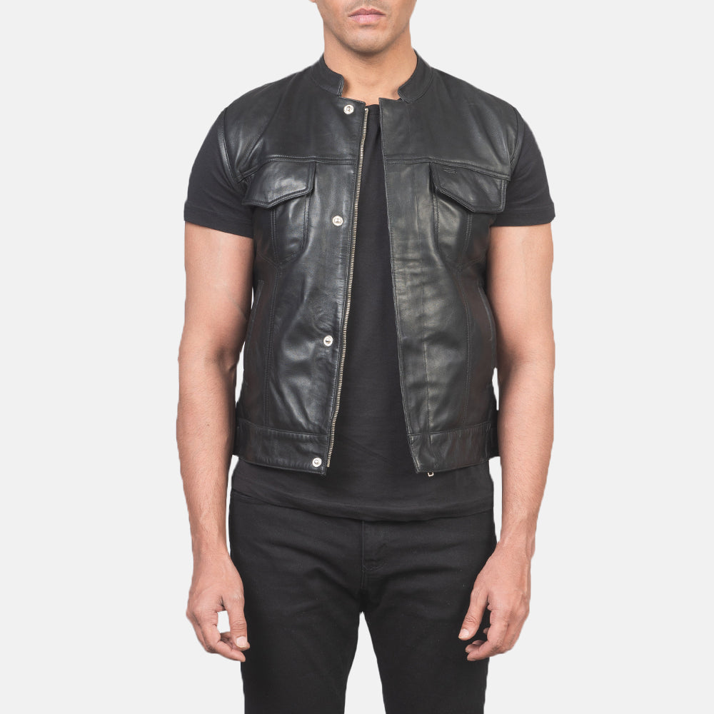 
Men's Atlas Moto Black Leather Vest in Black Sheepskin Leather - Front Profile View & Tailored Silhouette | Buy Online