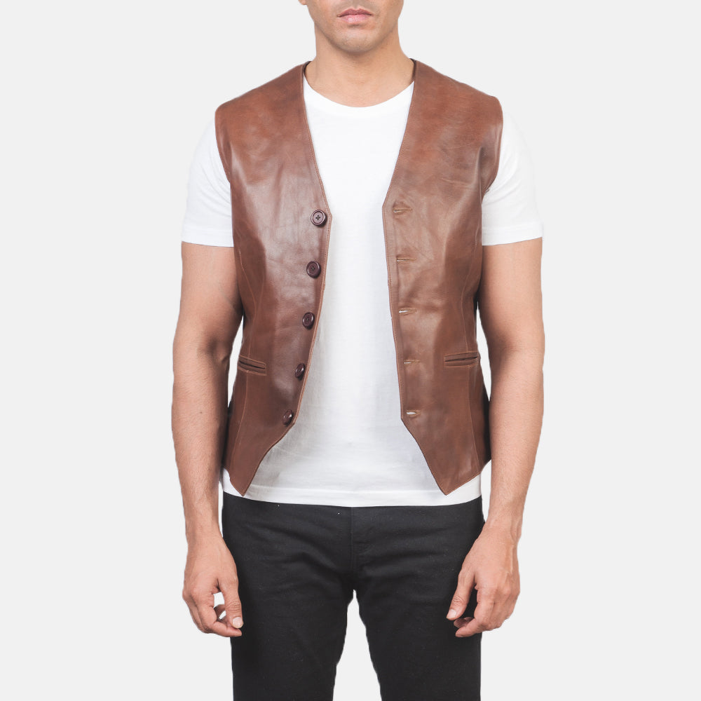 
Men's Auden Brown Leather Vest in Brown Cowhide Leather - Front Profile View & Tailored Silhouette | Buy Online